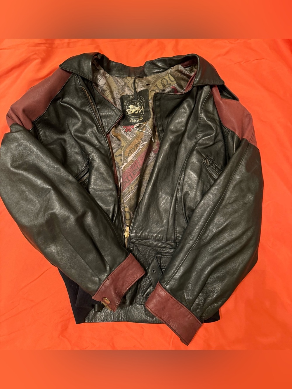 Vintage 80s Italian Leather Colorblock Bomber Jacket Batwing Burgundy Black L
